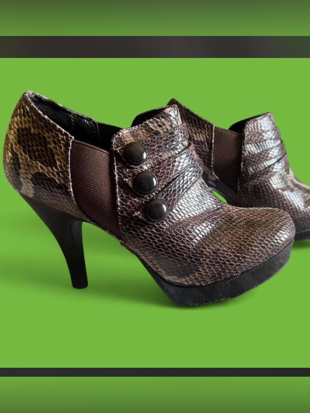 Unlisted Brown Snake-Texture Ankle Heel Booties with Button Accents